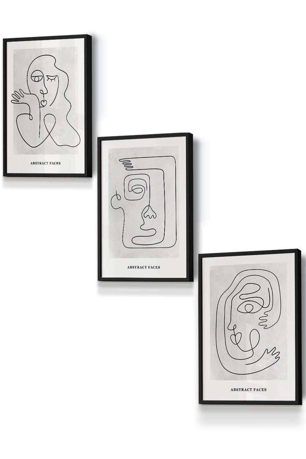 Set of 3 Black Framed Grey Abstract Line Art Faces Wall Art